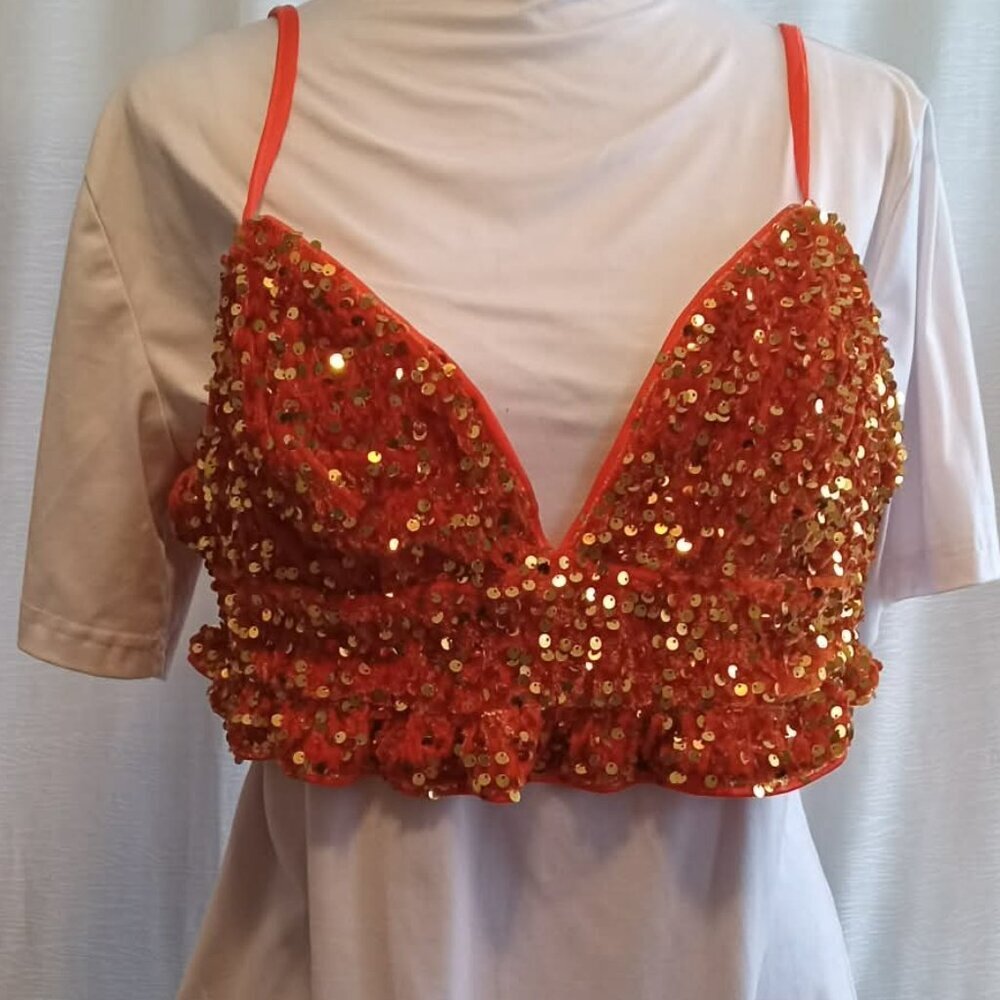 Fitted cropped tank top with sequins, size L, slightly stretchy, back zipper
